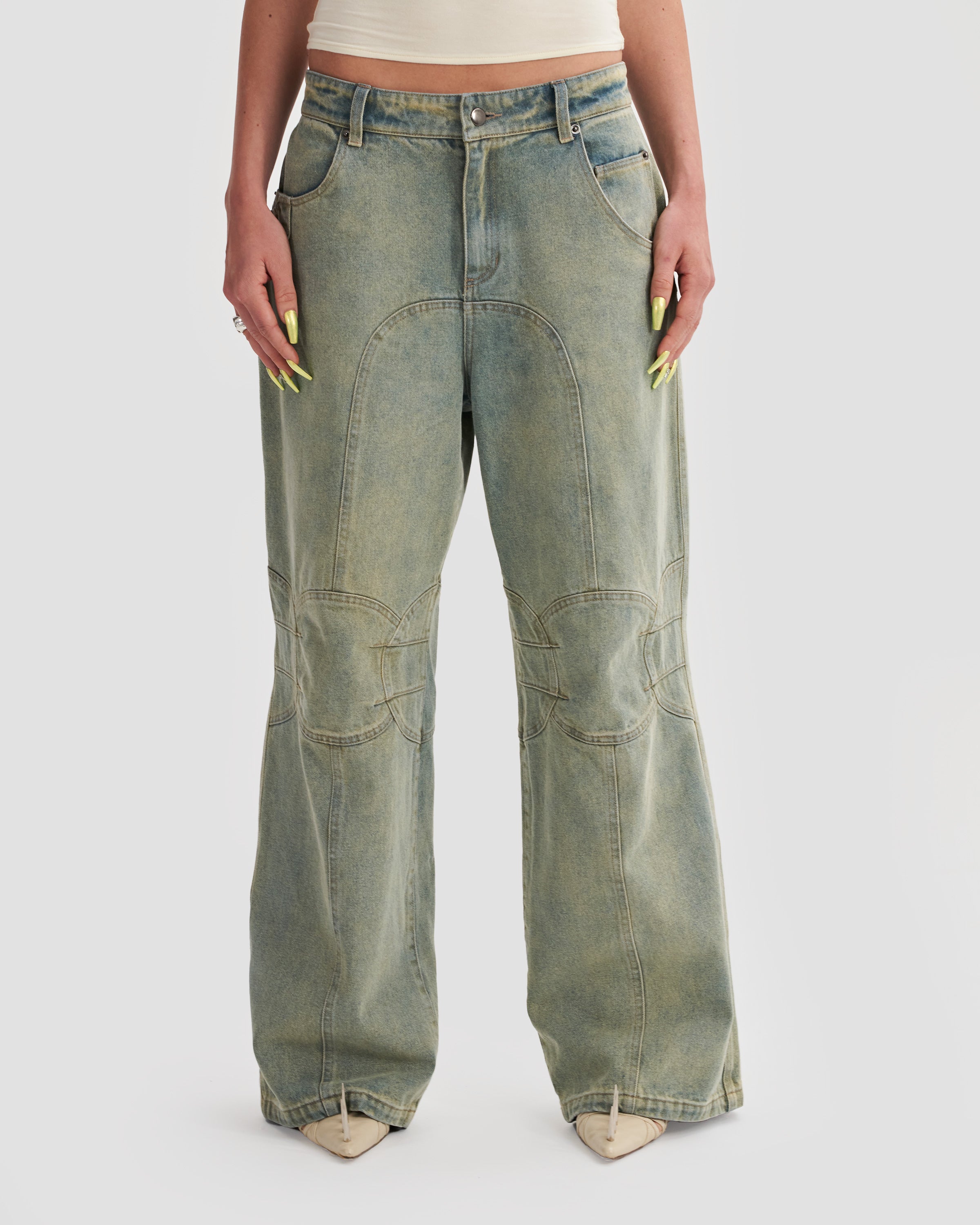 Low Rise Carpenter Baggy Jeans in Stonewash Blue